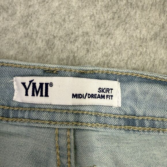 YMI Dream Fit Denim Mini Skirt 1/25 Blue Raw Hem Distressed Jean Pockets Stretch - Picture 10 of 12